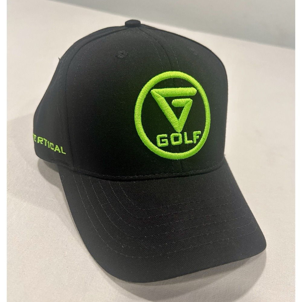Vertical Groove Golf Strapback Hat Black/Neon Green Embroidered Front/Back/Side‎